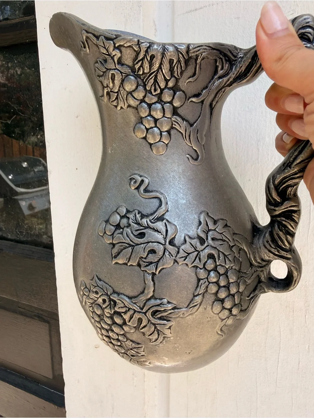 Ornate Grape Relief Pitcher in Antique Pewter Finish